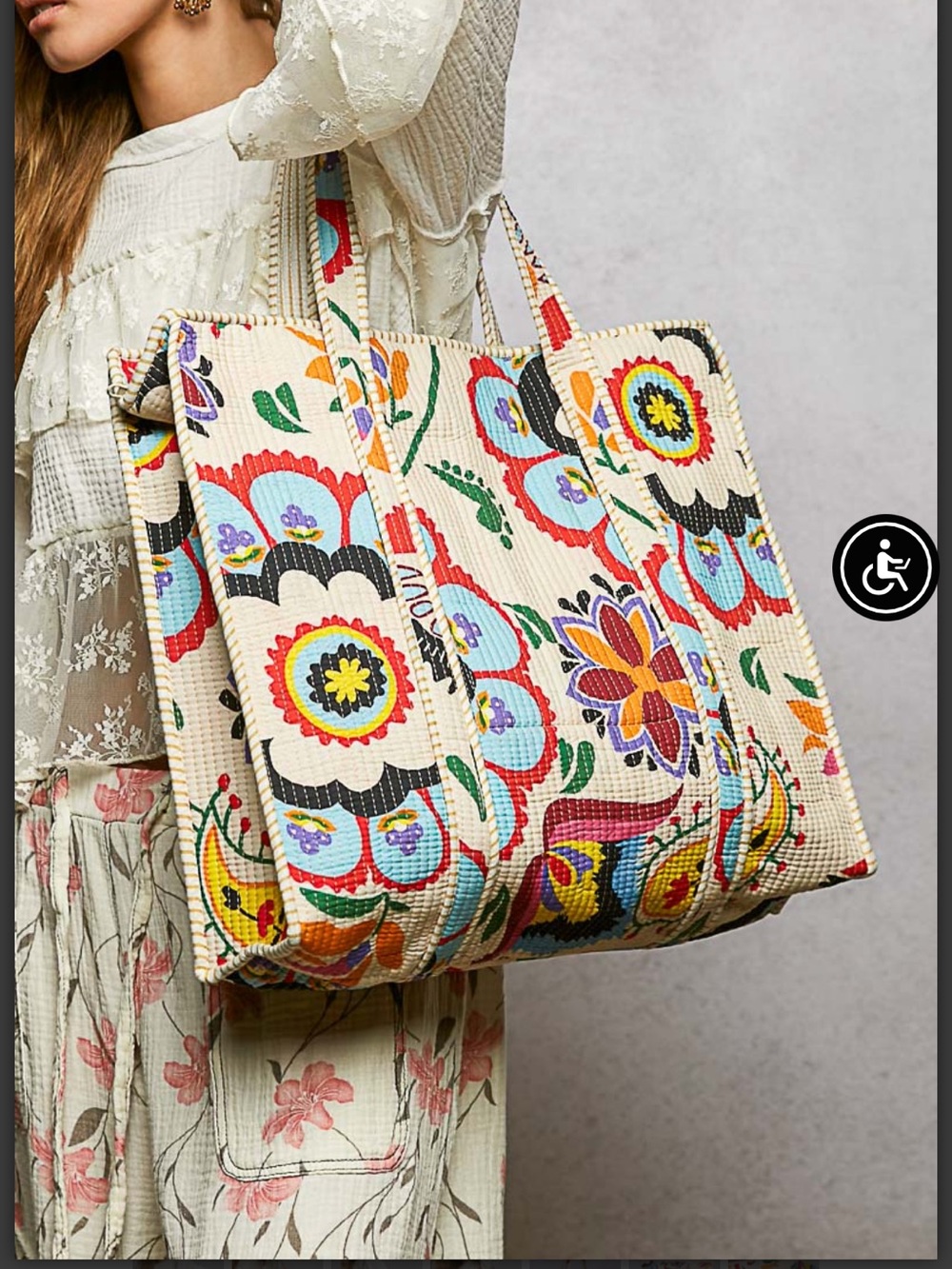 POL Floral Embroidered Cotton Tote Bag - Cream Multi